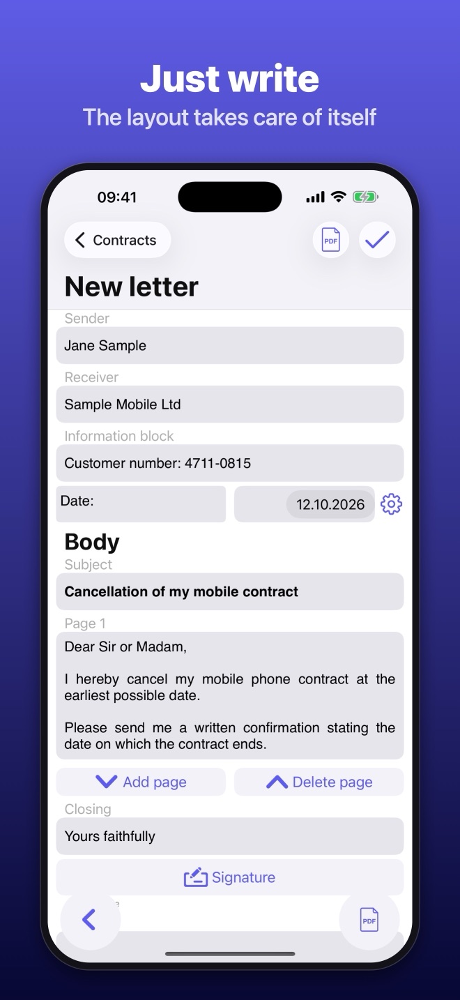 Letter Manager on iPhone: writing a letter
