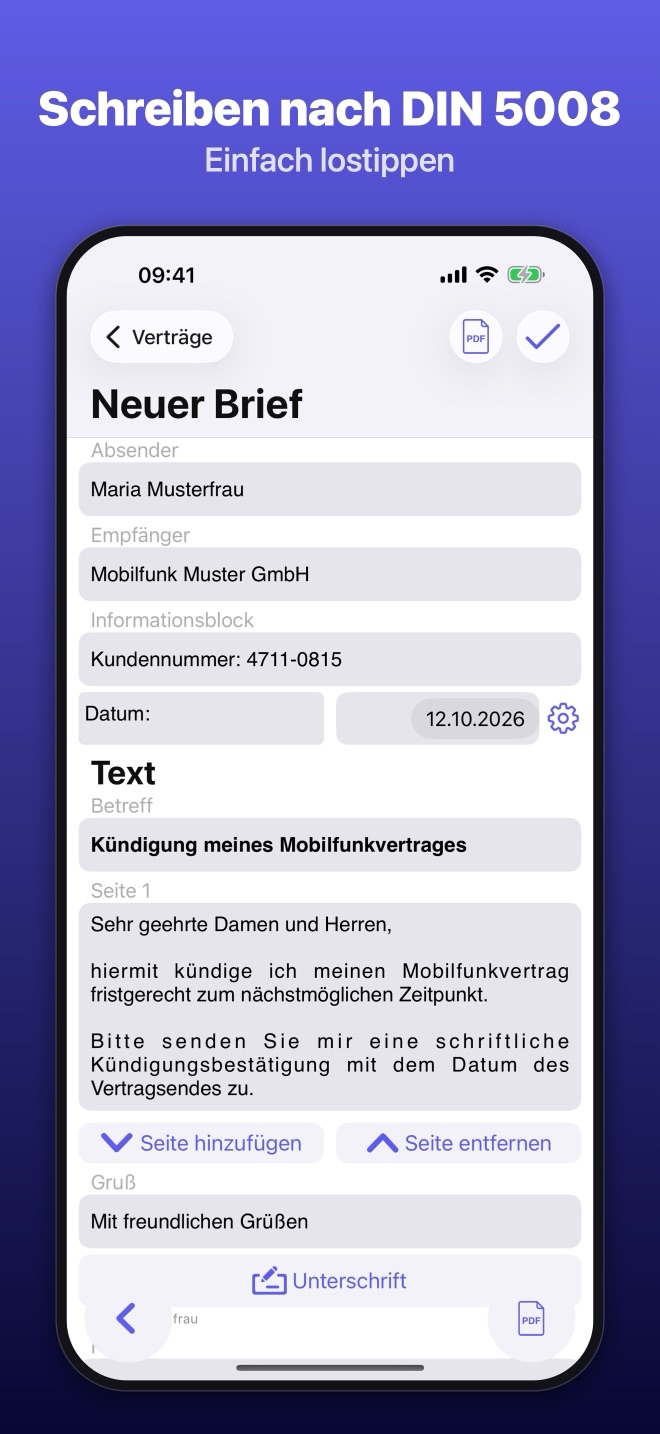 Brief Manager auf dem iPhone: ein Brief wird geschrieben