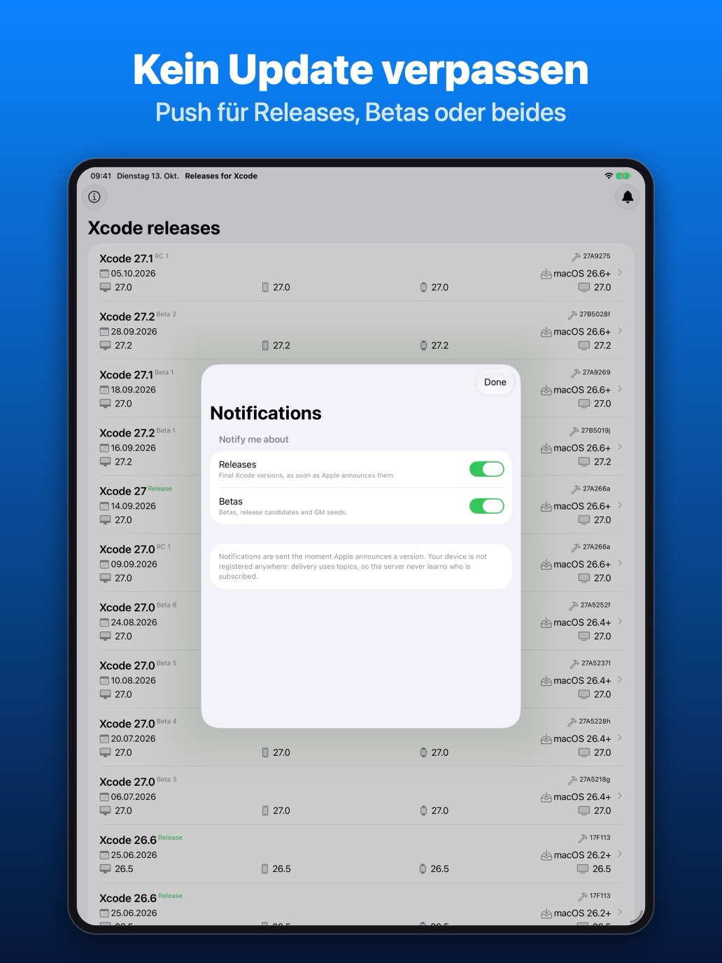 iPad: Benachrichtigungen für Releases und Betas einschalten