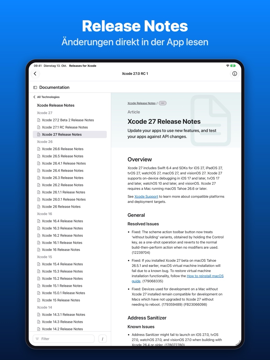 iPad: Release Notes zu Xcode in der App