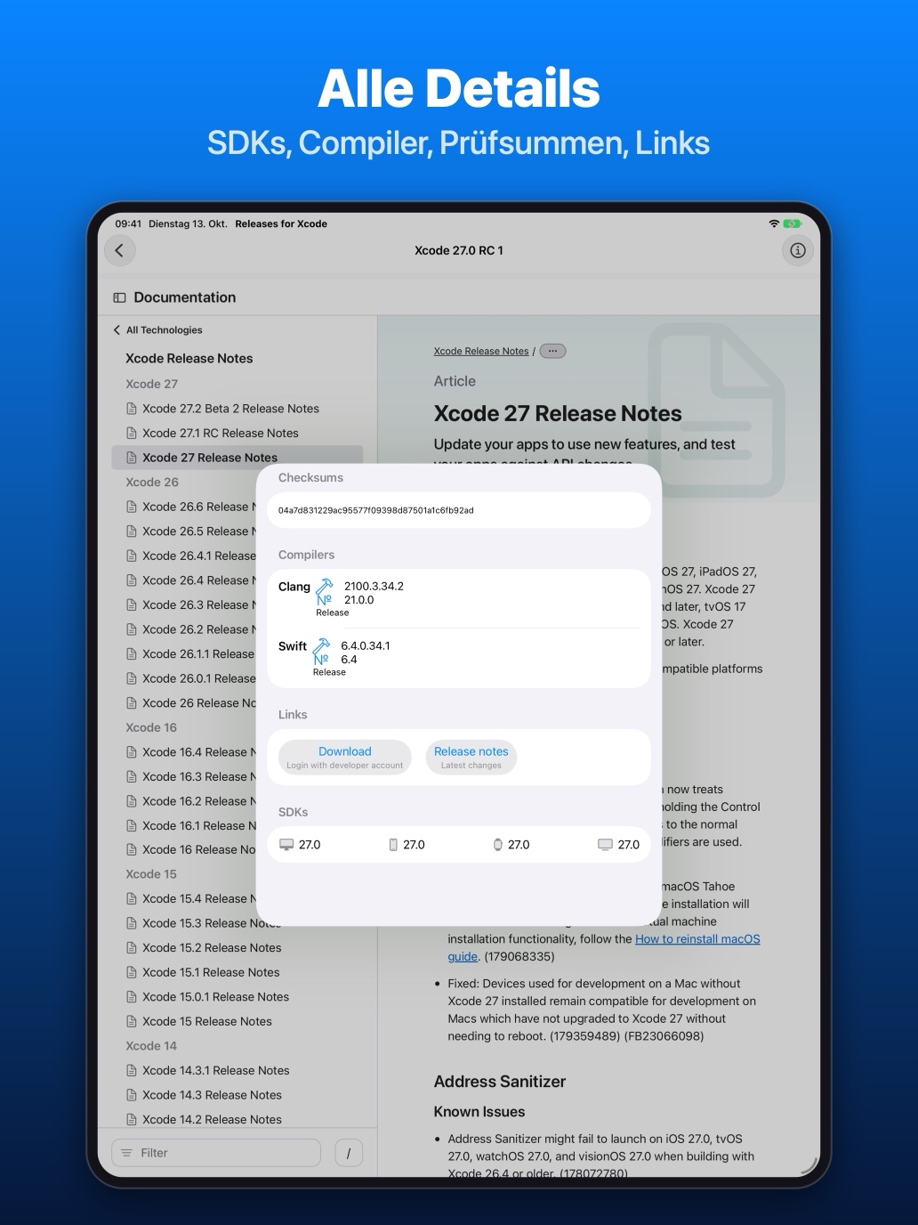 iPad: Details einer Version mit Prüfsumme, Compilern, Links und SDKs