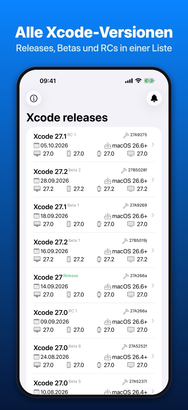 Releases for Xcode auf dem iPhone: Liste aller Xcode-Versionen mit Build, Datum und SDK-Ständen
