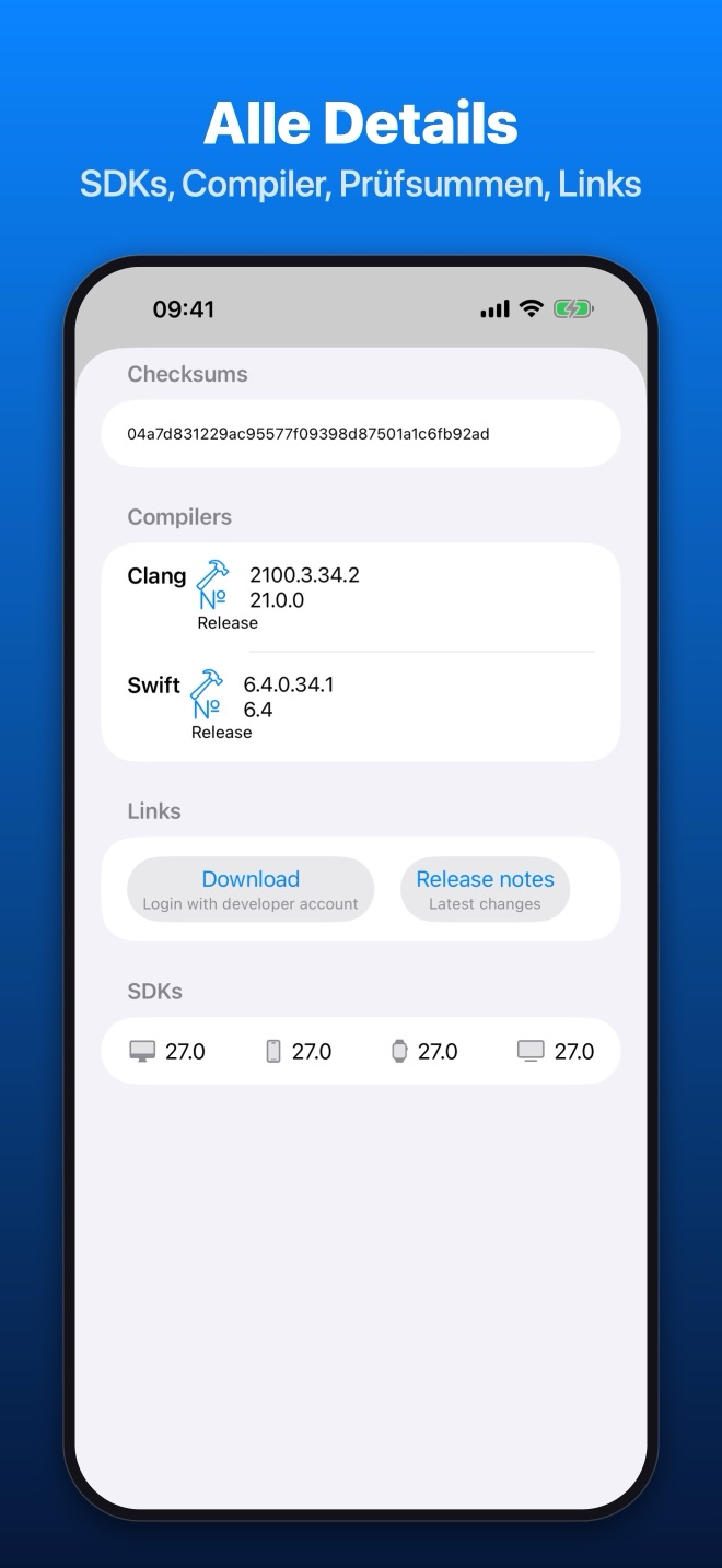 iPhone: Details einer Version mit Prüfsumme, Compilern, Links und SDKs