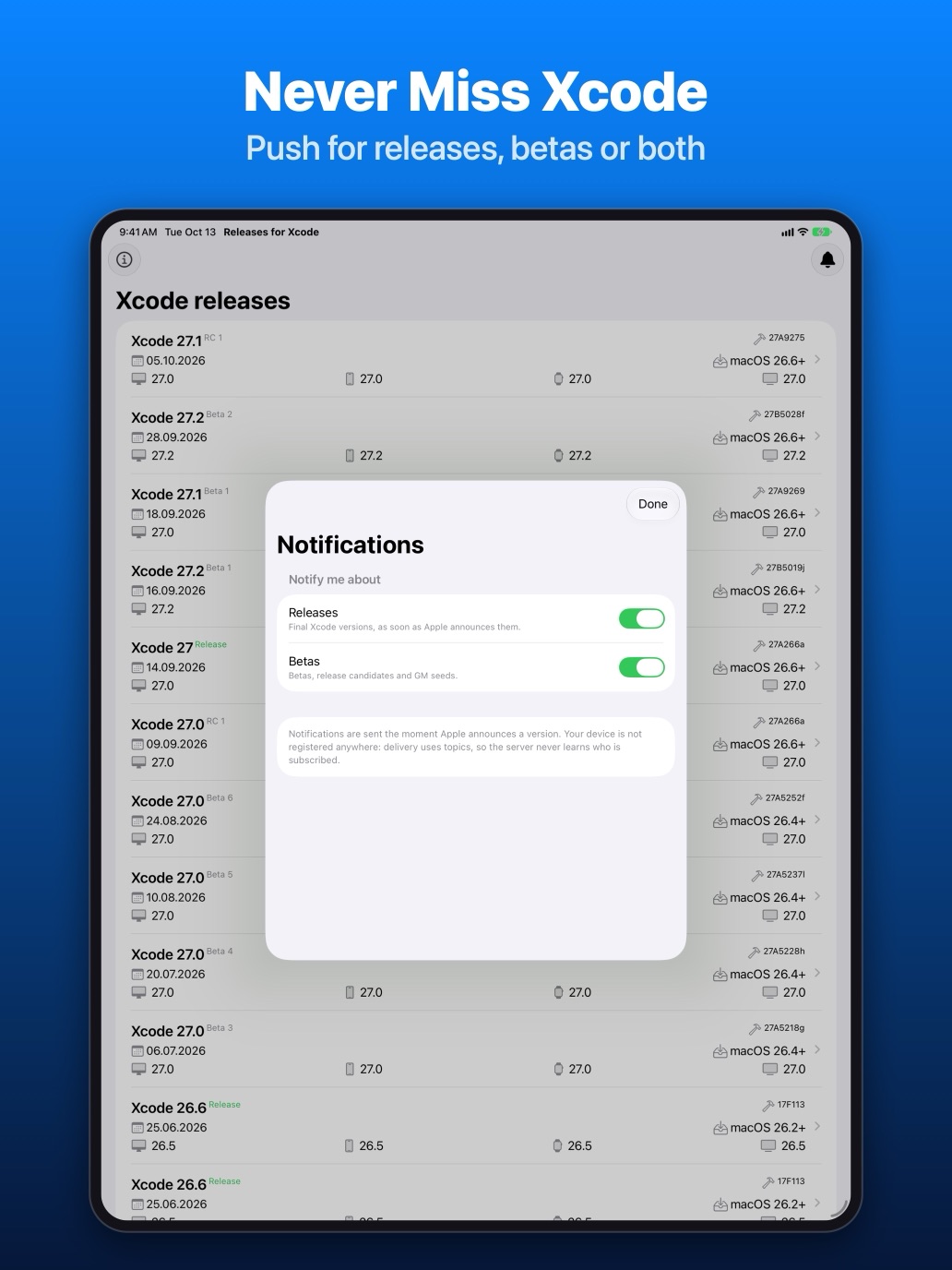 iPad: turning on notifications for releases and betas