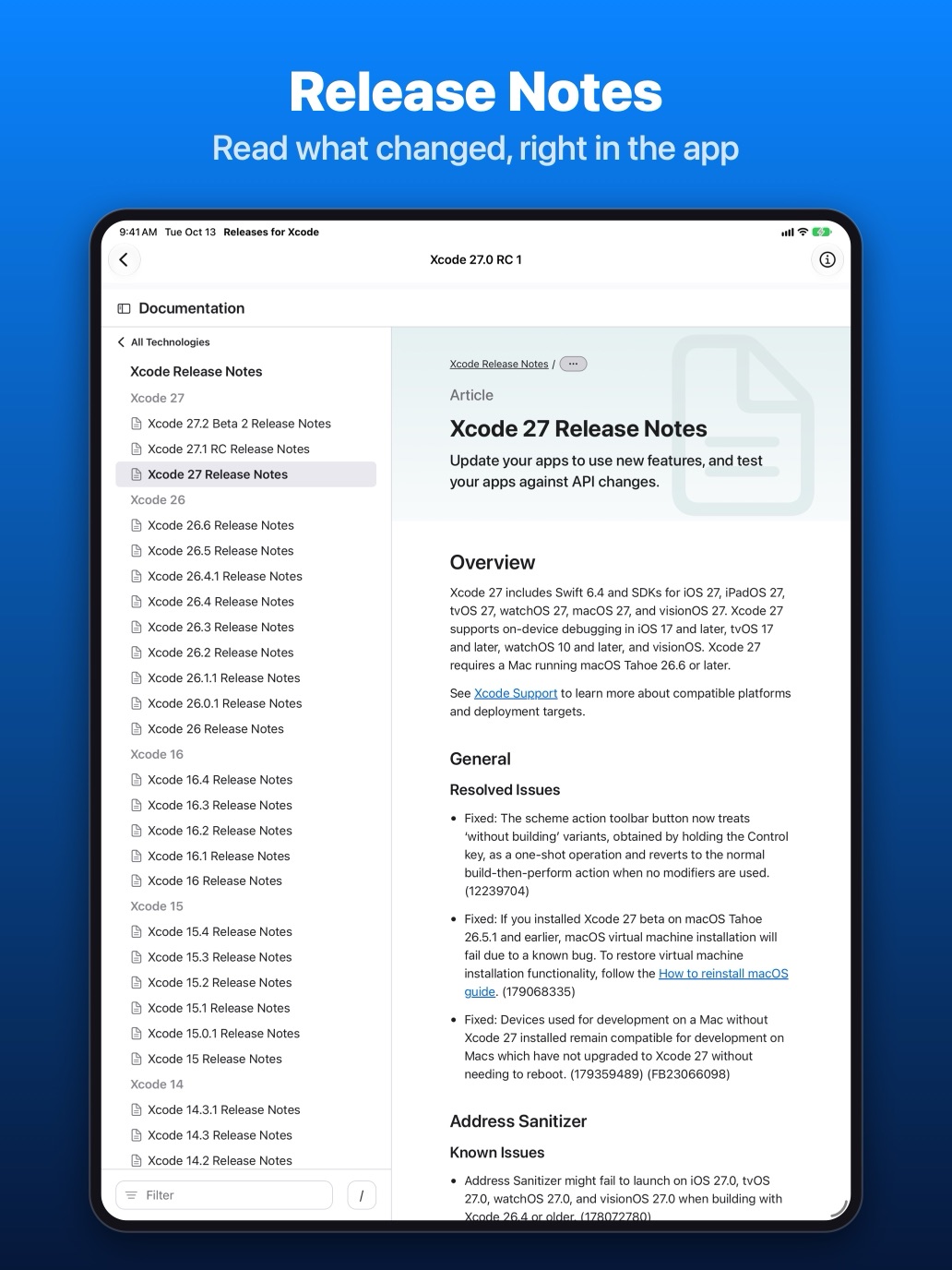 iPad: Xcode release notes inside the app