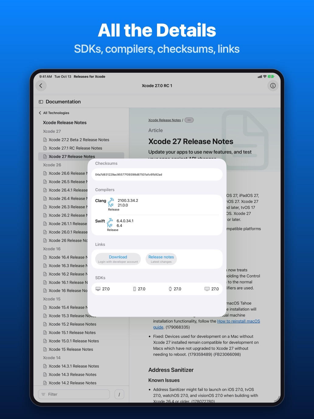iPad: version details with checksum, compilers, links and SDKs