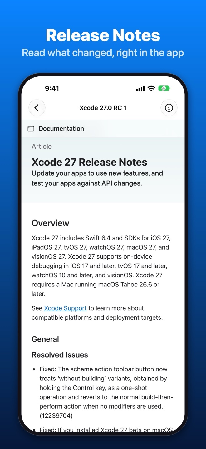 iPhone: Xcode release notes inside the app