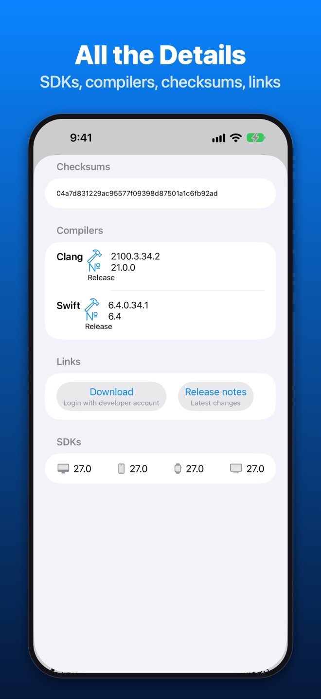 iPhone: version details with checksum, compilers, links and SDKs